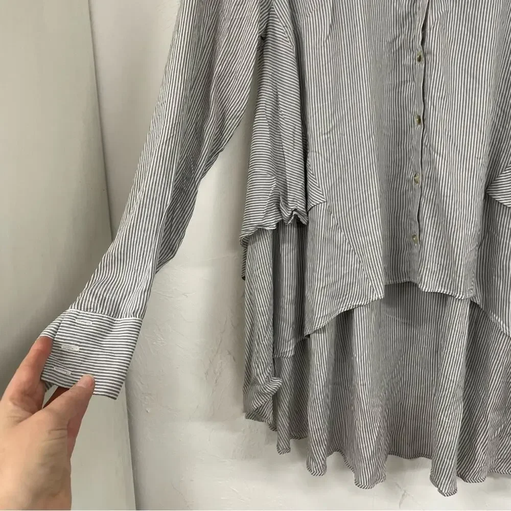 Free People Grey & White Striped Ruffled Tiered Long Sleeve Blouse Womens S Top - Picture 10 of 10